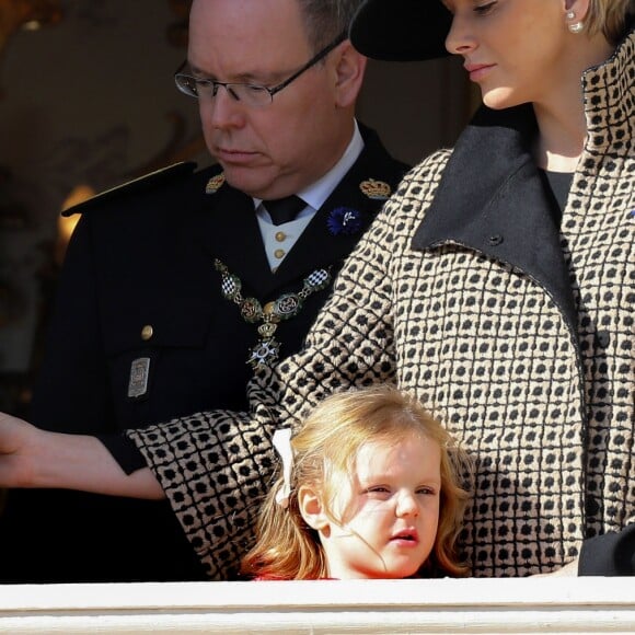 Le prince héréditaire Jacques de Monaco et la princesse Gabriella avec le prince Albert II et la princesse Charlene au balcon du palais princier lors du défilé militaire de la Fête nationale monégasque, le 9 novembre 2018. © Dominique Jacovides / Bestimage