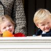 La princesse Gabriella et le prince héréditaire Jacques de Monaco au balcon du palais princier lors du défilé militaire de la Fête nationale monégasque, le 9 novembre 2018. © Dominique Jacovides / Bestimage
