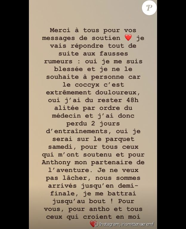 Iris Mittenaere donne de ses nouvelles après sa lourde chute pendant les répétitions de "Danse avec les stars", le 20 novembre 2018.