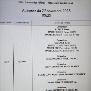 Exclusif - Publication du référé lors de l'audience en référé au Tribunal de Grande Instance de Paris concernant la demande de gel des royalties concernant les ventes de l'album posthume de Johnny Hallyday le 27 novembre 2018.  No Web en Suisse / Belgique27/11/2018 - Paris