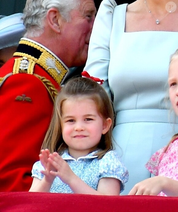 La princesse Charlotte de Cambridge - Les membres de la famille royale britannique lors du rassemblement militaire "Trooping the Colour" (le "salut aux couleurs"), célébrant l'anniversaire officiel du souverain britannique. Cette parade a lieu à Horse Guards Parade, chaque année au cours du deuxième samedi du mois de juin. Londres, le 9 juin 2018.