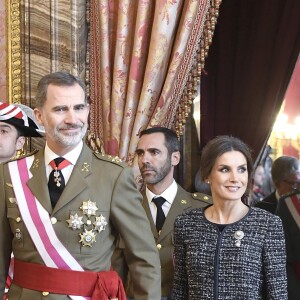 Le roi Felipe VI et la reine Letizia d'Espagne présidaient à la traditionnelle Pâque militaire au palais royal à Madrid le dimanche 6 janvier 2019, jour de l'Epiphanie, sur la Plaza de la Armeria avant une réception dans le Salon de Gasperini.