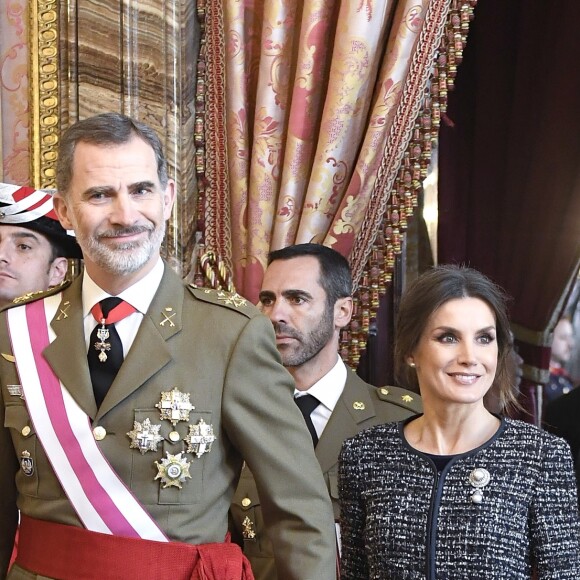 Le roi Felipe VI et la reine Letizia d'Espagne présidaient à la traditionnelle Pâque militaire au palais royal à Madrid le dimanche 6 janvier 2019, jour de l'Epiphanie, sur la Plaza de la Armeria avant une réception dans le Salon de Gasperini.