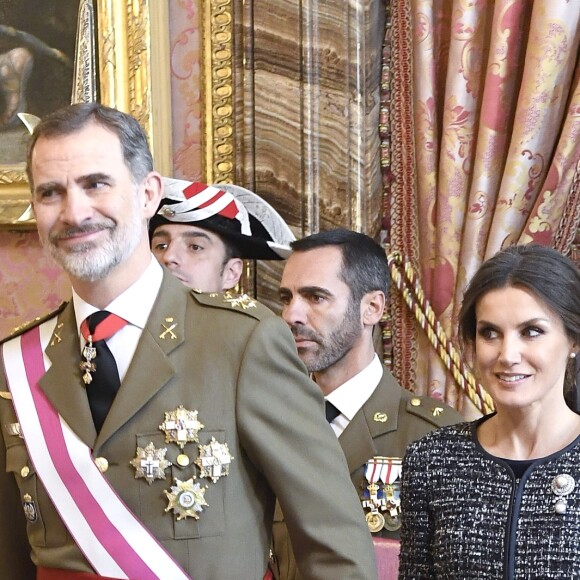 Le roi Felipe VI et la reine Letizia d'Espagne présidaient à la traditionnelle Pâque militaire au palais royal à Madrid le dimanche 6 janvier 2019, jour de l'Epiphanie, sur la Plaza de la Armeria avant une réception dans le Salon de Gasperini.