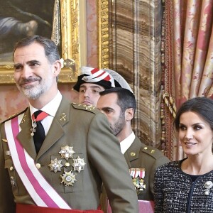 Le roi Felipe VI et la reine Letizia d'Espagne présidaient à la traditionnelle Pâque militaire au palais royal à Madrid le dimanche 6 janvier 2019, jour de l'Epiphanie, sur la Plaza de la Armeria avant une réception dans le Salon de Gasperini.