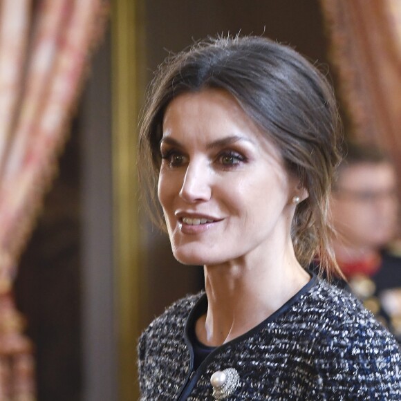 Le roi Felipe VI et la reine Letizia d'Espagne présidaient à la traditionnelle Pâque militaire au palais royal à Madrid le dimanche 6 janvier 2019, jour de l'Epiphanie, sur la Plaza de la Armeria avant une réception dans le Salon de Gasperini.