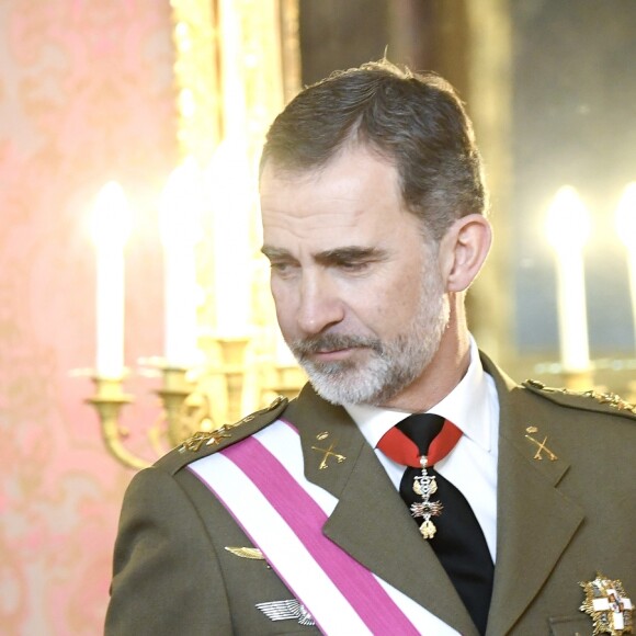 Le roi Felipe VI et la reine Letizia d'Espagne présidaient à la traditionnelle Pâque militaire au palais royal à Madrid le dimanche 6 janvier 2019, jour de l'Epiphanie, sur la Plaza de la Armeria avant une réception dans le Salon de Gasperini.