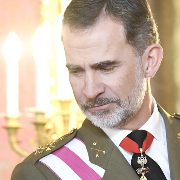 Le roi Felipe VI et la reine Letizia d'Espagne présidaient à la traditionnelle Pâque militaire au palais royal à Madrid le dimanche 6 janvier 2019, jour de l'Epiphanie, sur la Plaza de la Armeria avant une réception dans le Salon de Gasperini.