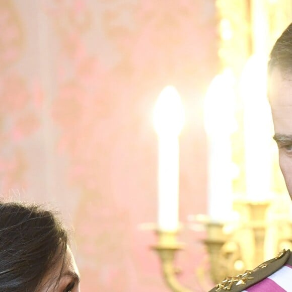 Le roi Felipe VI et la reine Letizia d'Espagne présidaient à la traditionnelle Pâque militaire au palais royal à Madrid le dimanche 6 janvier 2019, jour de l'Epiphanie, sur la Plaza de la Armeria avant une réception dans le Salon de Gasperini.