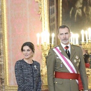 Le roi Felipe VI et la reine Letizia d'Espagne présidaient à la traditionnelle Pâque militaire au palais royal à Madrid le dimanche 6 janvier 2019, jour de l'Epiphanie, sur la Plaza de la Armeria avant une réception dans le Salon de Gasperini.