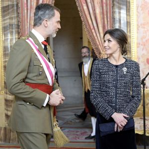 Le roi Felipe VI et la reine Letizia d'Espagne présidaient à la traditionnelle Pâque militaire au palais royal à Madrid le dimanche 6 janvier 2019, jour de l'Epiphanie, sur la Plaza de la Armeria avant une réception dans le Salon de Gasperini.