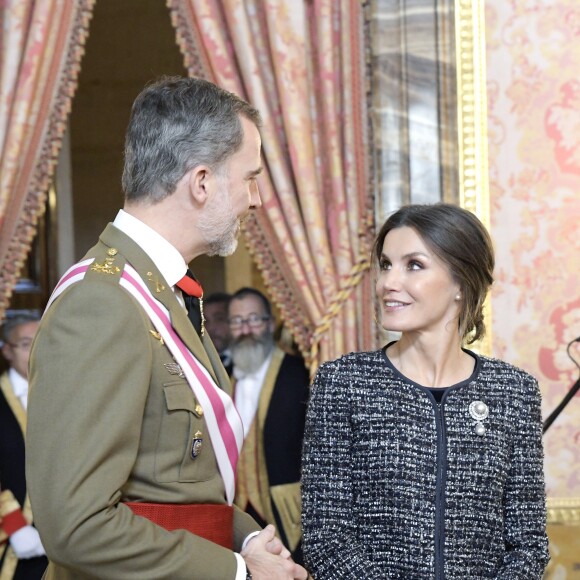 Le roi Felipe VI et la reine Letizia d'Espagne présidaient à la traditionnelle Pâque militaire au palais royal à Madrid le dimanche 6 janvier 2019, jour de l'Epiphanie, sur la Plaza de la Armeria avant une réception dans le Salon de Gasperini.