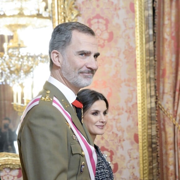 Le roi Felipe VI et la reine Letizia d'Espagne présidaient à la traditionnelle Pâque militaire au palais royal à Madrid le dimanche 6 janvier 2019, jour de l'Epiphanie, sur la Plaza de la Armeria avant une réception dans le Salon de Gasperini.