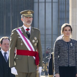 Le roi Felipe VI et la reine Letizia d'Espagne présidaient à la traditionnelle Pâque militaire au palais royal à Madrid le dimanche 6 janvier 2019, jour de l'Epiphanie, sur la Plaza de la Armeria avant une réception dans le Salon de Gasperini.