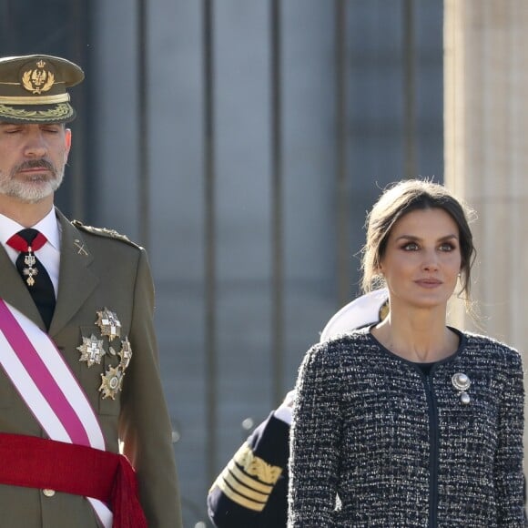 Le roi Felipe VI et la reine Letizia d'Espagne présidaient à la traditionnelle Pâque militaire au palais royal à Madrid le dimanche 6 janvier 2019, jour de l'Epiphanie, sur la Plaza de la Armeria avant une réception dans le Salon de Gasperini.