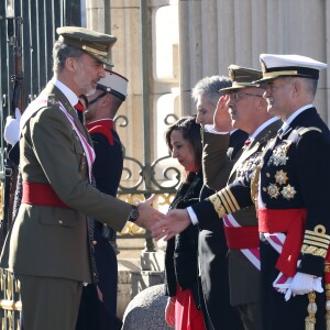 Le roi Felipe VI et la reine Letizia d'Espagne présidaient à la traditionnelle Pâque militaire au palais royal à Madrid le dimanche 6 janvier 2019, jour de l'Epiphanie, sur la Plaza de la Armeria avant une réception dans le Salon de Gasperini.