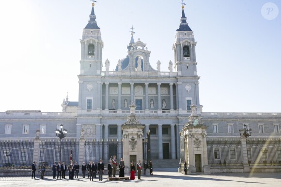Le roi Felipe VI et la reine Letizia d'Espagne présidaient à la traditionnelle Pâque militaire au palais royal à Madrid le dimanche 6 janvier 2019, jour de l'Epiphanie, sur la Plaza de la Armeria (en arrière-plan, la cathédrale de la Almudena) avant une réception dans le Salon de Gasperini.