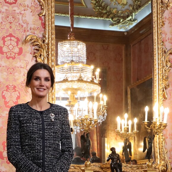 La reine Letizia d'Espagne dans le Salon de Gasperini au palais royal lors de la traditionnelle Pâque militaire à Madrid le dimanche 6 janvier 2019.