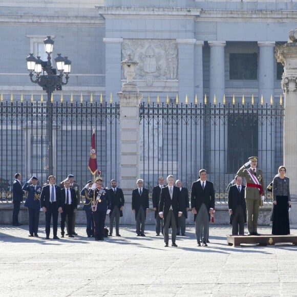 Le roi Felipe VI et la reine Letizia d'Espagne présidaient à la traditionnelle Pâque militaire au palais royal à Madrid le dimanche 6 janvier 2019, jour de l'Epiphanie, sur la Plaza de la Armeria avant une réception dans le Salon de Gasperini.