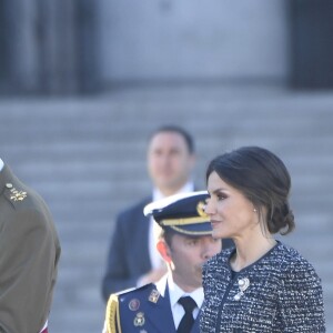 Le roi Felipe VI et la reine Letizia d'Espagne présidaient à la traditionnelle Pâque militaire au palais royal à Madrid le dimanche 6 janvier 2019, jour de l'Epiphanie, sur la Plaza de la Armeria avant une réception dans le Salon de Gasperini.