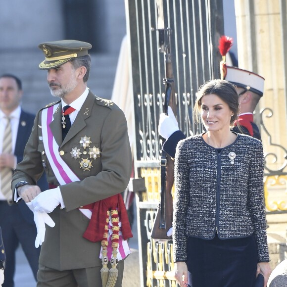 Le roi Felipe VI et la reine Letizia d'Espagne présidaient à la traditionnelle Pâque militaire au palais royal à Madrid le dimanche 6 janvier 2019, jour de l'Epiphanie, sur la Plaza de la Armeria avant une réception dans le Salon de Gasperini.