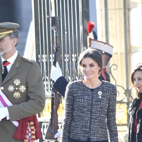 Le roi Felipe VI et la reine Letizia d'Espagne présidaient à la traditionnelle Pâque militaire au palais royal à Madrid le dimanche 6 janvier 2019, jour de l'Epiphanie, sur la Plaza de la Armeria avant une réception dans le Salon de Gasperini.