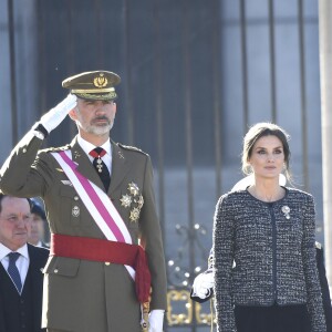 Le roi Felipe VI et la reine Letizia d'Espagne présidaient à la traditionnelle Pâque militaire au palais royal à Madrid le dimanche 6 janvier 2019, jour de l'Epiphanie, sur la Plaza de la Armeria avant une réception dans le Salon de Gasperini.