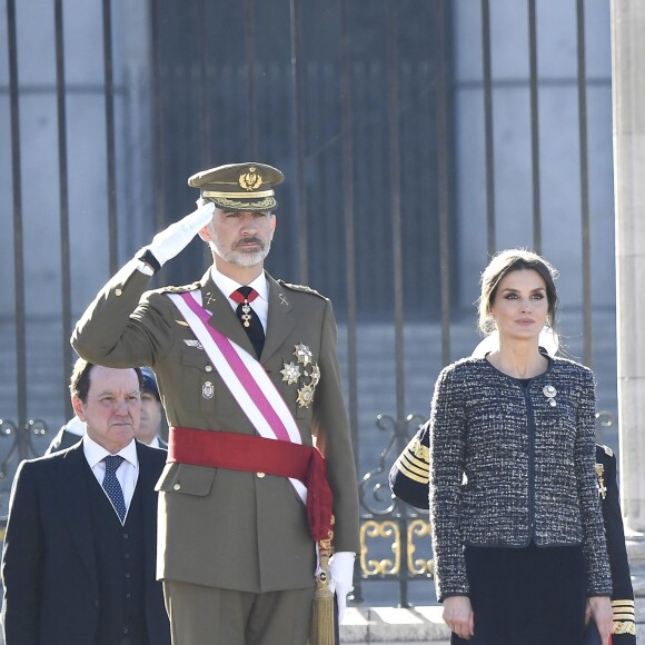 Le roi Felipe VI et la reine Letizia d'Espagne présidaient à la traditionnelle Pâque militaire au palais royal à Madrid le dimanche 6 janvier 2019, jour de l'Epiphanie, sur la Plaza de la Armeria avant une réception dans le Salon de Gasperini.