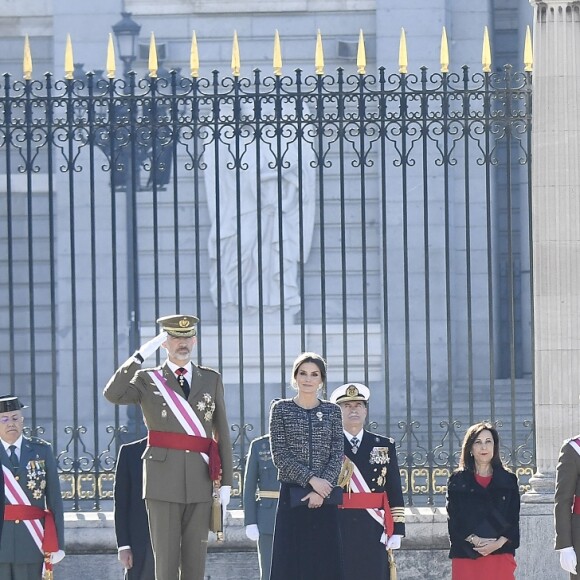 Le roi Felipe VI et la reine Letizia d'Espagne présidaient à la traditionnelle Pâque militaire au palais royal à Madrid le dimanche 6 janvier 2019, jour de l'Epiphanie, sur la Plaza de la Armeria avant une réception dans le Salon de Gasperini.