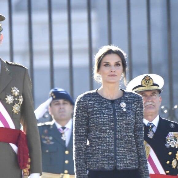 Le roi Felipe VI et la reine Letizia d'Espagne présidaient à la traditionnelle Pâque militaire au palais royal à Madrid le dimanche 6 janvier 2019, jour de l'Epiphanie, sur la Plaza de la Armeria avant une réception dans le Salon de Gasperini.