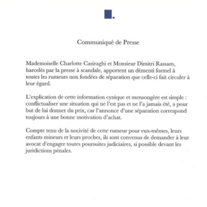 Charlotte Casiraghi et Dimitri Rassam nient toute rumeur de séparation via leur attaché de presse, le 9 janvier 2019.