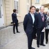 Stephane Bern, Henri d'Orléans, compte de Paris, et la princesse Micaela Cousino Quinones de Leon au défilé Nathan Vermeulen à l'Ambassade de Belgique à Paris, le 1er Juillet 2013.