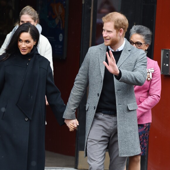 Le prince Harry, duc de Sussex, et Meghan Markle, duchesse de Sussex, enceinte quittent le théâtre Bristol Old Vic. à Bristol le 1er février, 2019.