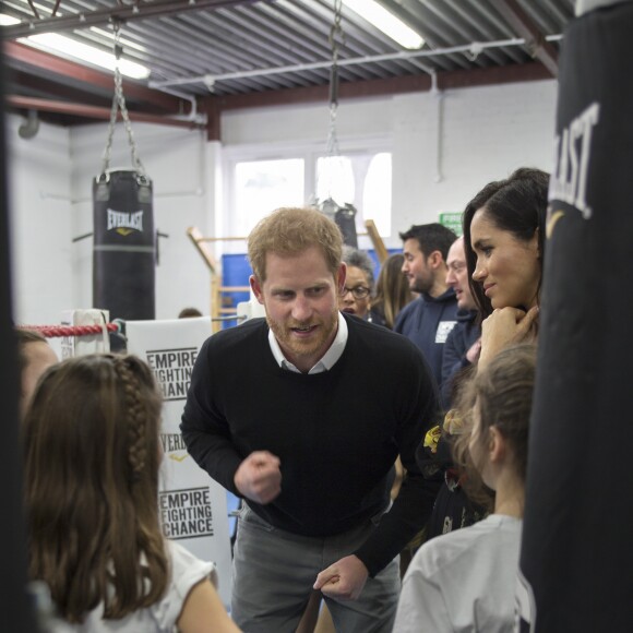 Le prince Harry, duc de Sussex, et Meghan Markle, duchesse de Sussex, enceinte visitent l'association Empire Fighting Chance qui utilise la boxe pour soutenir les enfants qui échouent à l'école. Bristol le 1er février, 2019