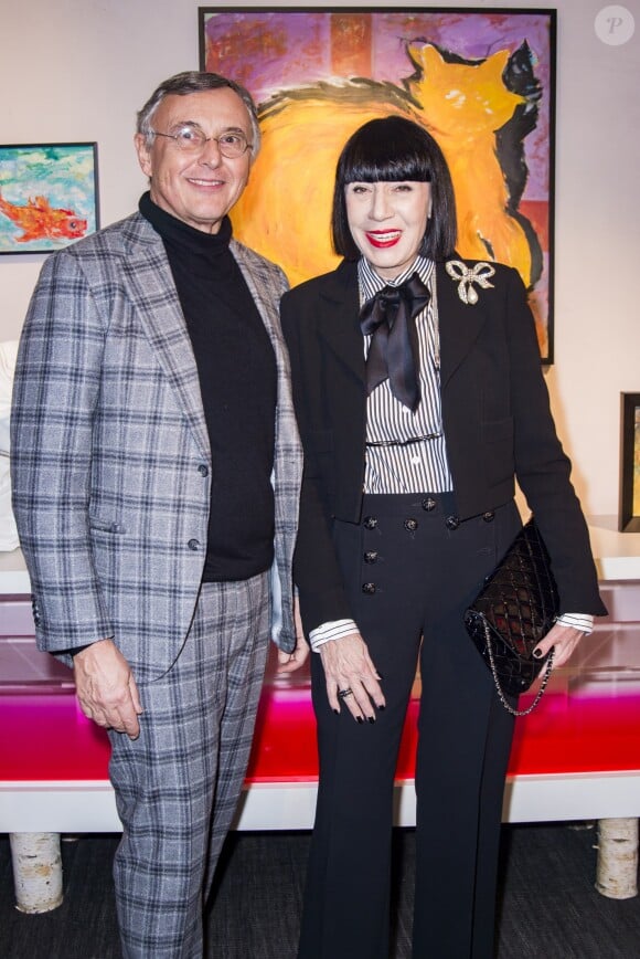 Pierre Passebon et Chantal Thomass lors du vernissage d'Amanda Lear à la Galerie du Passage à Paris, le 6 février 2019. © Julio Piatti/Bestimage