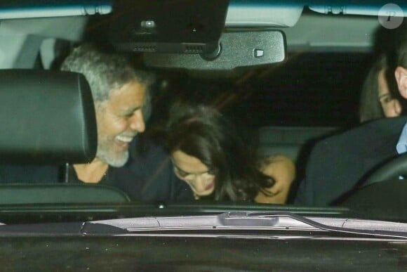 George Clooney et sa femme Amal Clooney - Les célébrités quittent la soirée du 50ème anniversaire de Jennifer Aniston au Sunset Towers Hotel à West Hollywood, le 9 février, 2019.