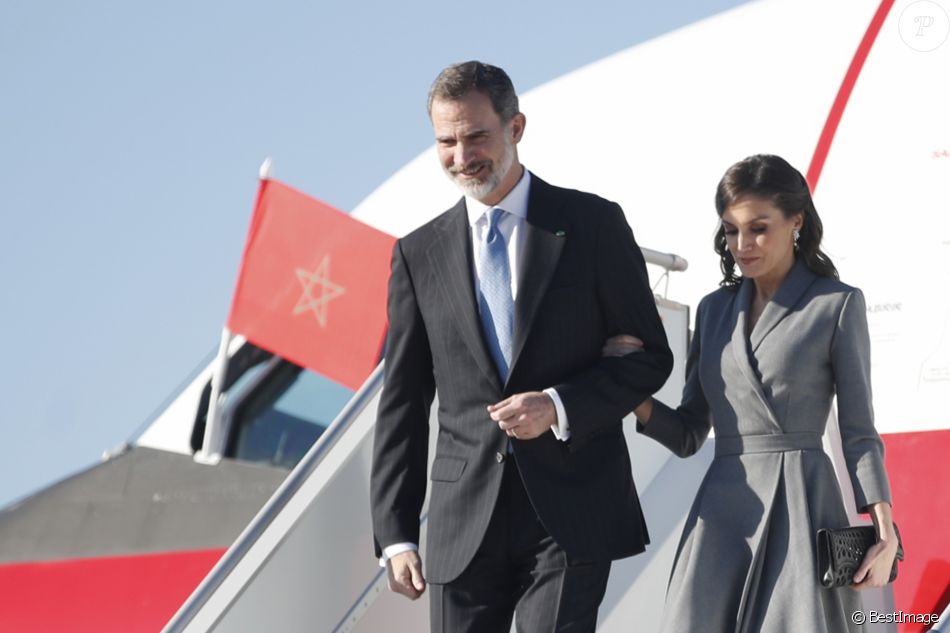 Le roi Felipe VI d&#039;Espagne et la reine Letizia à leur arrivée à Rabat au Maroc le 13 février 2019, dans le cadre d&#039;une visite officielle de deux jours.