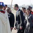 Le roi Felipe VI d'Espagne et la reine Letizia à leur arrivée à Rabat au Maroc le 13 février 2019, accueillis par le roi Mohammed VI et son fils le prince héritier Moulay El Hassan, dans le cadre d'une visite officielle de deux jours.