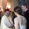 Le roi Felipe VI et la reine Letizia d'Espagne, superbe dans une tenue signée Felipe Varela, , ici face au roi Mohammed VI du Maroc, étaient les invités du roi Mohammed VI du Maroc et de ses proches (le prince héritier Moulay El Hassan, le prince Moulay Rachid, les princesses Lalla Meryem, Lalla Hasna, Lalla Asmae et Lalla Oum Keltoum) pour un dîner d'Etat au palais royal à Rabat le 13 février 2019 dans le cadre de leur visite officielle de deux jours au Maroc.