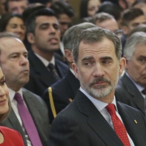 L'infante Pilar de Bourbon, la reine Letizia et le roi Felipe VI, le roi Juan Carlos et la reine Sofia d'Espagne, l'infante Elena réunis le 10 janvier 2019 à Madrid lors de la cérémonie des Prix nationaux du Sport.