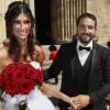 Sortie du mariage religieux de Sophie Vouzelaud, première dauphine de Miss France 2007 et malentendante, avec son compagnon Fabien Boutamine à Saint Junien le 18 août 2018.  © Patrick Bernard / Bestimage
