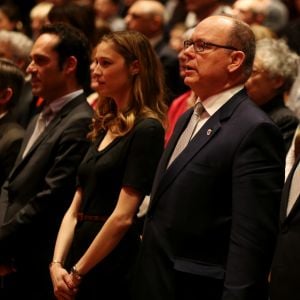 Exclusif - Beatrice Borromeo, le prince Albert II de Monaco, Serge Telle (ministre d'Etat de Monaco) lors de la cérémonie de remise des diplômes de secourisme de la Croix-Rouge monégasque à l'auditorium Rainier III à Monaco le 11 mars 2019. © Dylan Meiffreit/Nice Matin/Bestimage