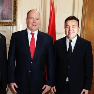 Exclusif - Le ministre d'Etat Serge Telle, le prince Albert II de Monaco et Stéphane Valéri, président du conseil, lors d'une conférence de presse sur un plan logement à Monaco le 11 mars 2019 © Dylan Meiffret / Nice Matin / Bestimage