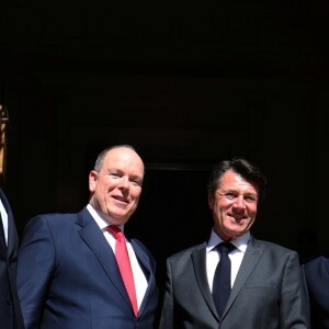 Exclusif - Le ministre d'Etat Serge Telle, le prince Albert II de Monaco, Christian Estrosi et Stéphane Valéri, président du conseil, lors d'une conférence de presse sur un plan logement à Monaco le 11 mars 2019 © Dylan Meiffret / Nice Matin / Bestimage