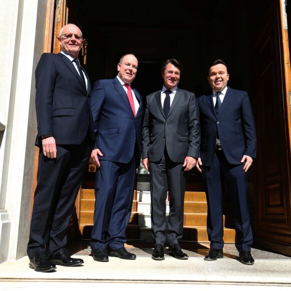 Exclusif - Le ministre d'Etat Serge Telle, le prince Albert II de Monaco, Christian Estrosi et Stéphane Valéri, président du conseil, lors d'une conférence de presse sur un plan logement à Monaco le 11 mars 2019 © Dylan Meiffret / Nice Matin / Bestimage