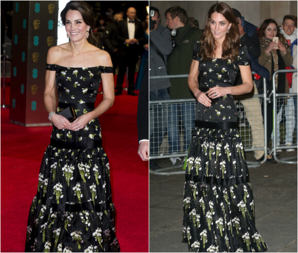 Kate Middleton portant la même robe Alexander McQueen, avec deux versions des manches, lors des BAFTA Awards en 2017 et du gala de la National Portrait Gallery en 2019.