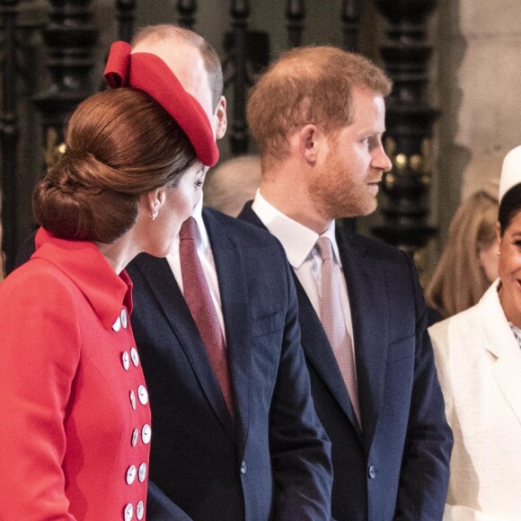 Catherine Kate Middleton, duchesse de Cambridge, le prince William, duc de Cambridge, le prince Harry, duc de Sussex, Meghan Markle, enceinte, duchesse de Sussex lors de la messe en l'honneur de la journée du Commonwealth à l'abbaye de Westminster à Londres le 11 mars 2019.