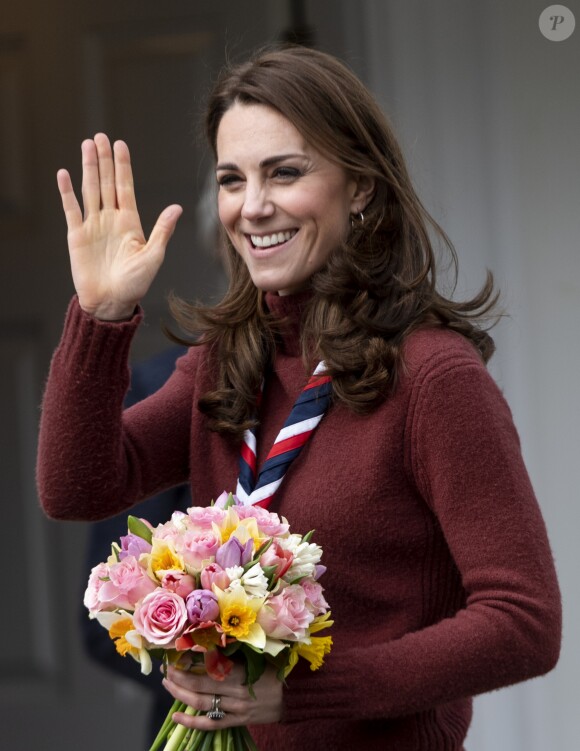 Catherine (Kate) Middleton, duchesse de Cambridge, se rend au siège des scouts de Gilwell Park pour en apprendre davantage sur leur nouvelle organisation et leur mode de vie. Cette organisation scout est destinée aux jeunes enfants, la visite célèbre également le centième anniversaire du parc Gilwell. Londres, le 28 mars 2019