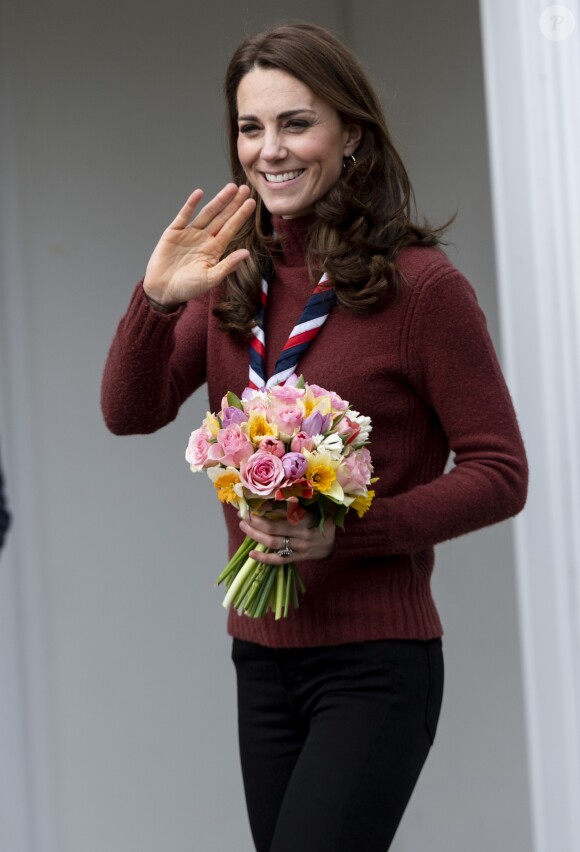 Catherine (Kate) Middleton, duchesse de Cambridge, se rend au siège des scouts de Gilwell Park pour en apprendre davantage sur leur nouvelle organisation et leur mode de vie. Cette organisation scout est destinée aux jeunes enfants, la visite célèbre également le centième anniversaire du parc Gilwell. Londres, le 28 mars 2019