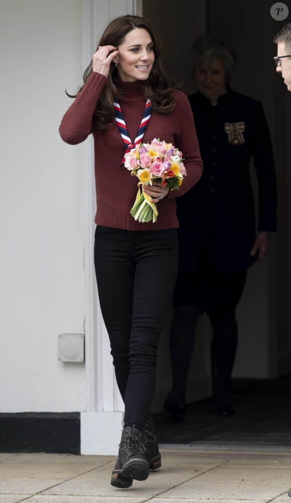 Catherine (Kate) Middleton, duchesse de Cambridge, se rend au siège des scouts de Gilwell Park pour en apprendre davantage sur leur nouvelle organisation et leur mode de vie. Cette organisation scout est destinée aux jeunes enfants, la visite célèbre également le centième anniversaire du parc Gilwell. Londres, le 28 mars 2019
